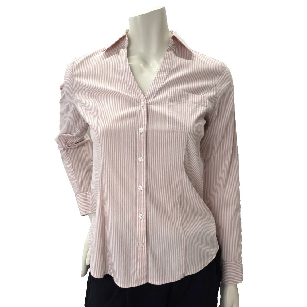 Express Button Up Shirt Pinstriped Pink White Vneck Career Work Retro Prep Small
